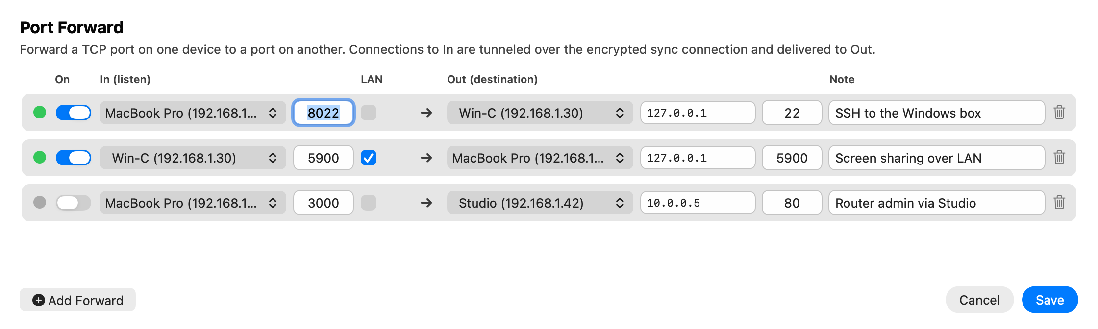 Port Forward panel in Clipboard Sync, mapping ports between a Mac and a Windows PC